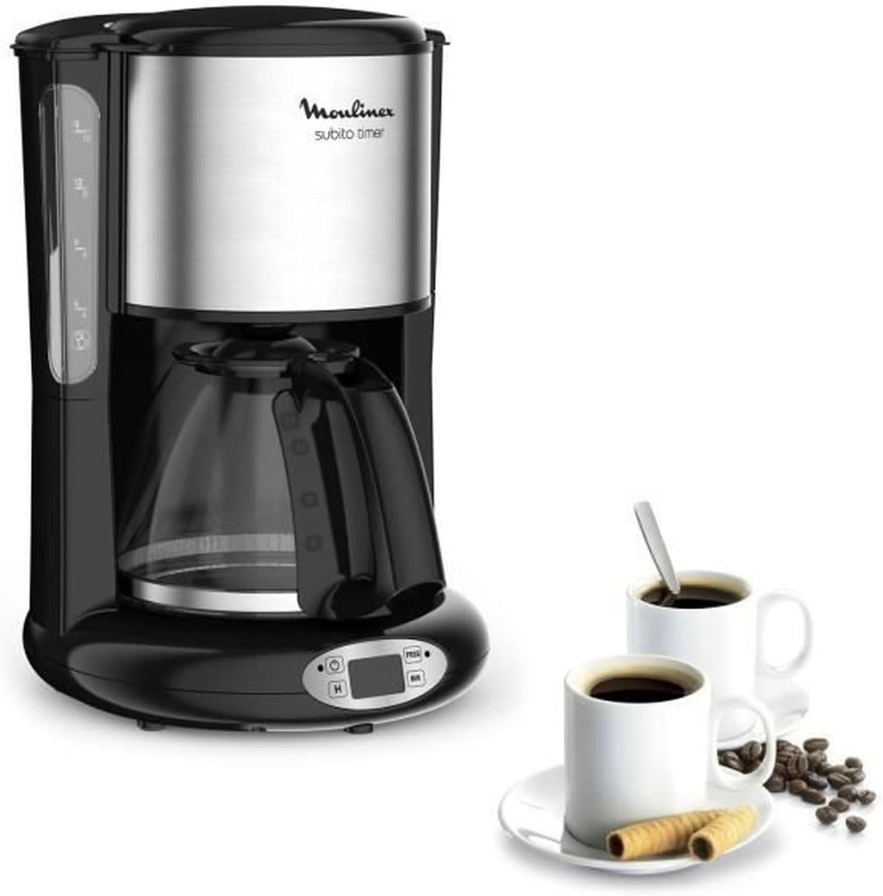 Moulinex Cafetière filtre, Capacité de 1,​25 L, 10 à 15 tasses, Programmation 24 heures, Maintien au chaud, Subito FG362810, Noir