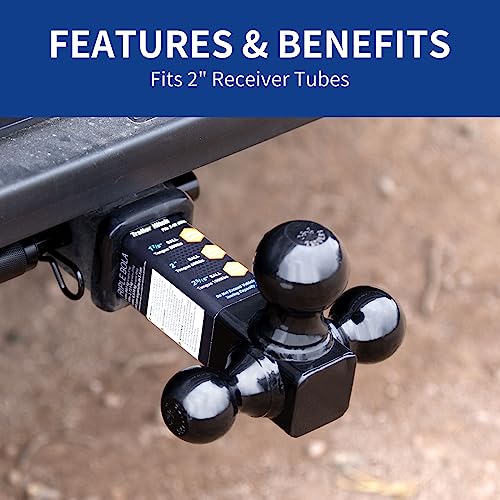 Metoware Trailer Hitch Triple Ball Mount, Ball Size 1-7/8 Inch Ball Hitch, 2 Inch And 2-5/16 Inch Trailer Ball Fit 2 Inch Receiver, Hollow Shank With 5/8" Hitch Lock, Black #TOP1