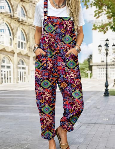 Image of YESNO Women's Overalls Cotton Boho Casual Floral Bib Jumpsuit Baggy Adjustable Strap Romper with Pockets PVV