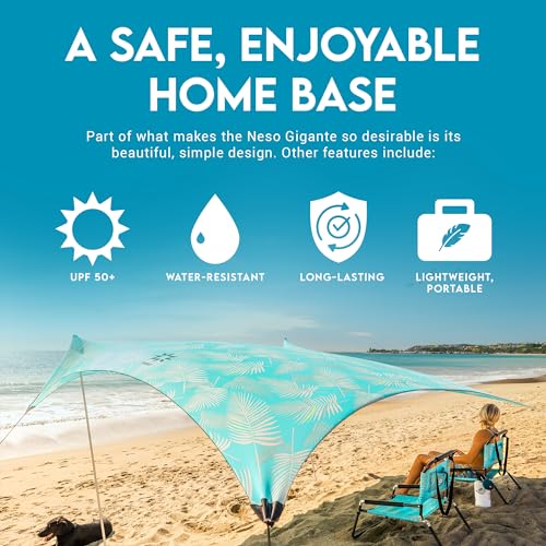 Image of Neso Gigante Portable Beach Tent Sun Shelter - Lightweight Beach Shade Canopy - Easy Setup for Family Outings - Patented Reinforced Corners - UPF 50+ - 8ft Tall, 11 x 11ft - Aqua Fronds