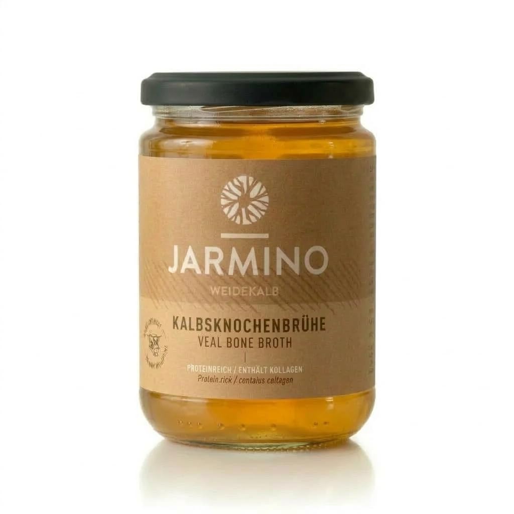 JARMINO Kalbsknochenbrühe 6x350 ml | Bio-Qualität, Kollagen- & proteinreich | nach Hildegard von Bingen | Paleo Keto Bone Broth | Bio Brühe aus Weidehaltung & Grasfütterung