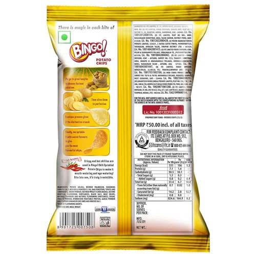 Image of Bingo! Original Style Chilli Sprinkled - Flat Cut Spicy Potato Chips Pack for Snacks, 90g /85gram /90.7G(Weight may vary) (Pack of 3)