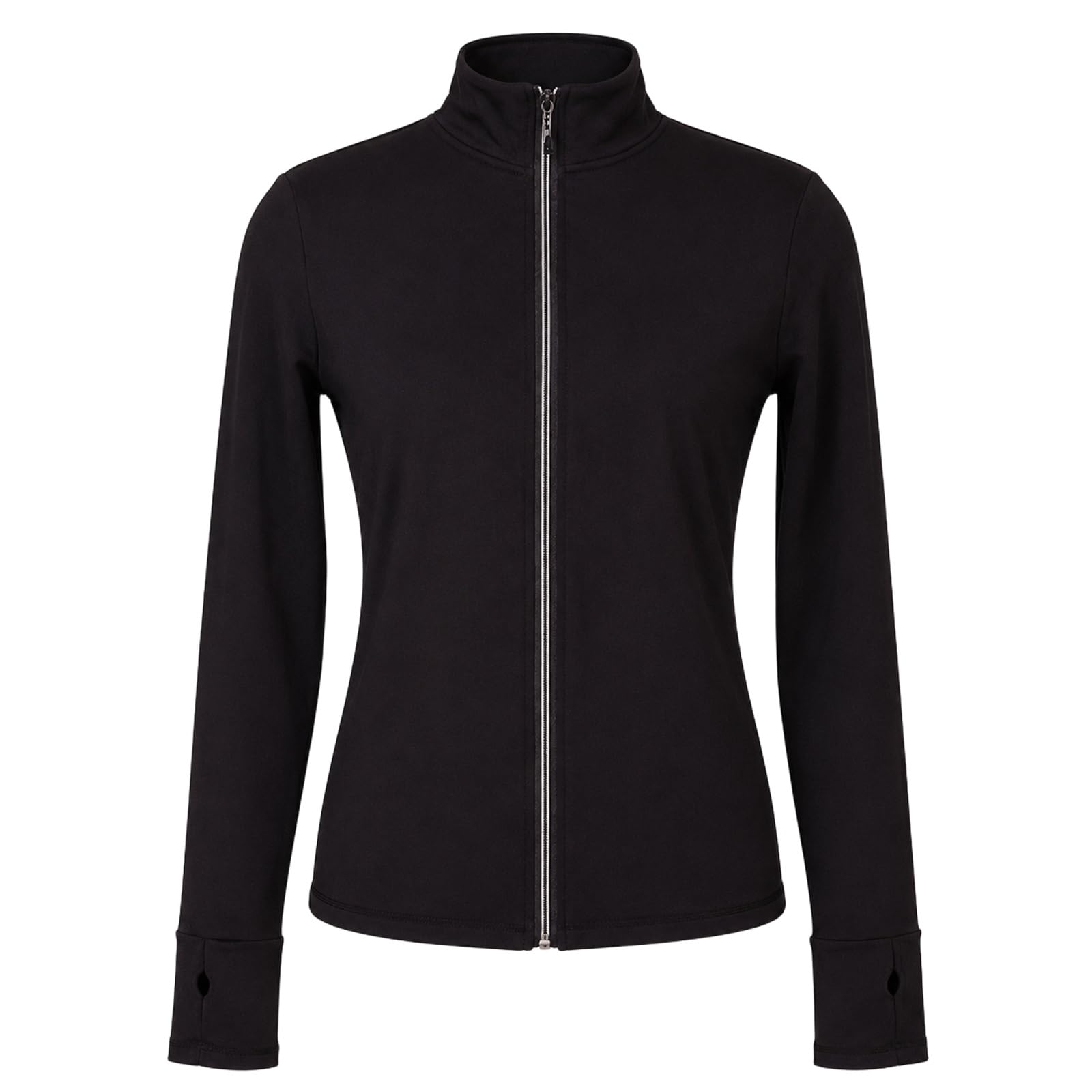 Damen Teen Eiskunstlaufjacke Reißverschluss Training Warm-up | Elastische Jacke mit Stehkragen, durchgehendem Reißverschluss, Daumenlöchern und Strass hinten