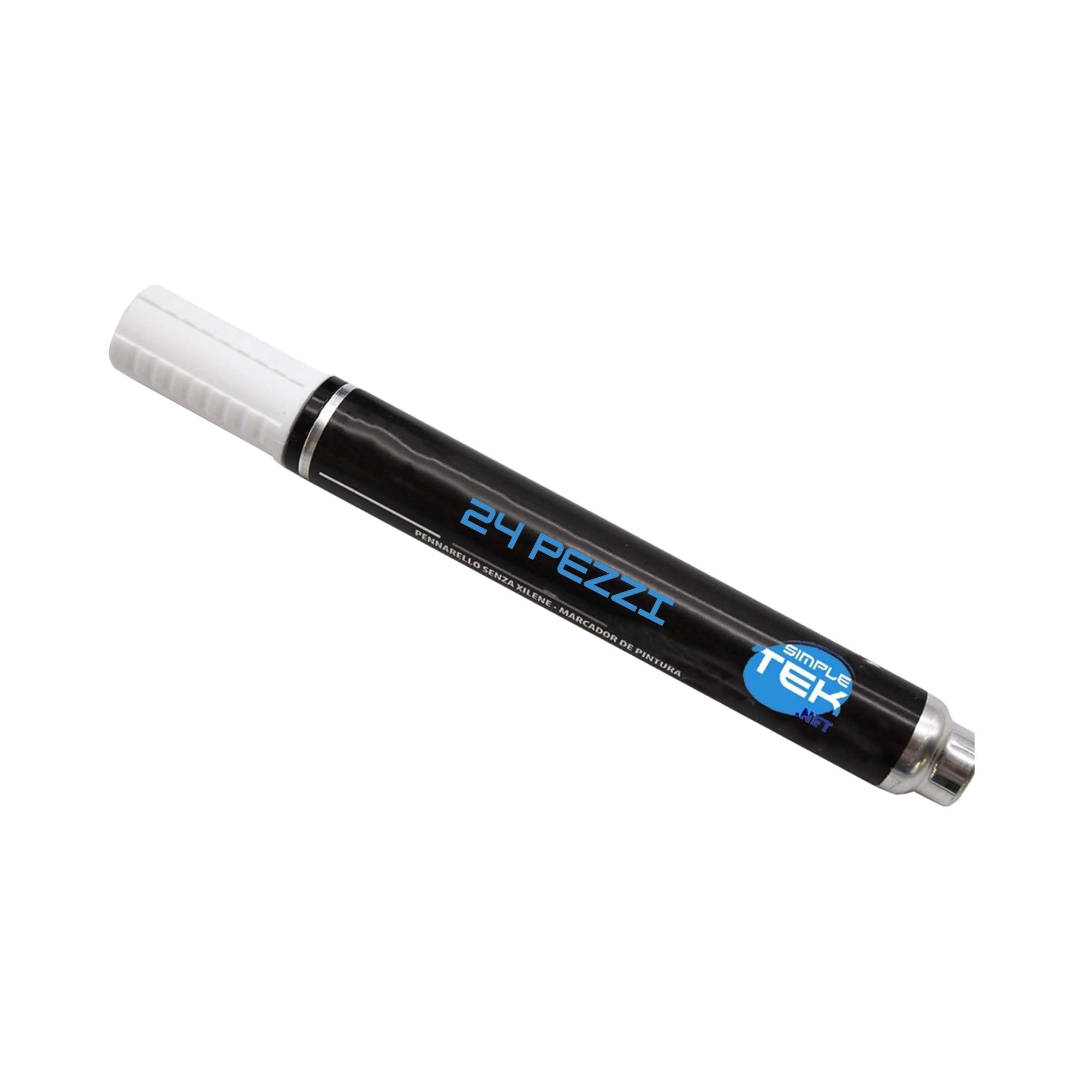 SIMPLETEK - Rotuladores permanentes blancos 13 ml - Marcador industrial para plástico, vidrio, metal y madera - Doble punta 3 mm/5 mm (24 unidades)