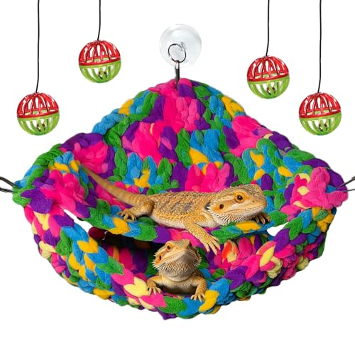 Gxsdj Bearded Dragon Hammock Lounger with Suction Cups Bells Double-Layer Reptile Hammock Soft Hanging Lizard Bed Climbing Toys Swing Tank Accessories for Lizard Gecko Chameleon Snake (Red)