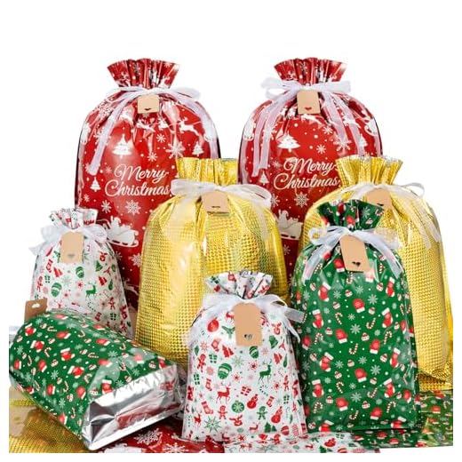 Asoulin Christmas Drawstring Gift Bags with Tags - 32 PCS Stand Up Gift Bags Assorted Sizes Large Medium Small Foil Gift Wrapping Bags for Birthday, Goodies, Xmas Holiday Party Decoration Supplies