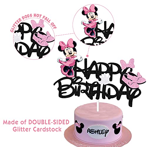 Gogoparty Mouse Cake Topper,Black Glitter Mouse Inspired Happy Birthday Cake Topper With Pink Bows And White Gloves Girls Birthday Party Decorations Supplies(Double-Sided) #TOP3