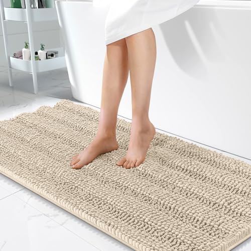 Image of OLANLY Thick Bathroom Runner Rugs 47x24, Extra Absorbent Chenille Striped Bath Rugs, Rubber Backing, Machine Wash Dry, Long Bath Mats for Bathroom Floor, Tub and Shower, Home Decor Accessories, Sand