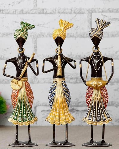 Image of Musical Sardar Set of 3 Handcrafted Rajasthani Musician Figurines | Black Metal Showpiece for Bedroom & Living Room Decor, Home Table & Shelf Decoration | 34.3 cm