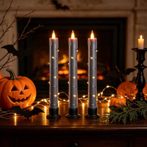 Image of 3 Pack Gray Dripping Wax Flameless Candles, Realistic Dynamic Flame LED Taper Candles with Surrounding Fairy String Lights, Remote Control Battery Operated Candles for Home Wedding Holiday Decor