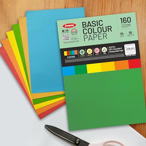 Image of Anupam A4 Basic Colour Loose Paper 160gsm 5 Colors Paper for Arts, Crafts, Quilling, Origami (50 Sheet)