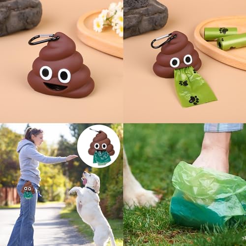 Image of Emoji Dog Poop Bag, Cute Dog Poop Bag Holder, with mountaineering clip, suitable for travel, walking, park and outdoor dog walking Bin bag dispenser (1 pcs), Brown