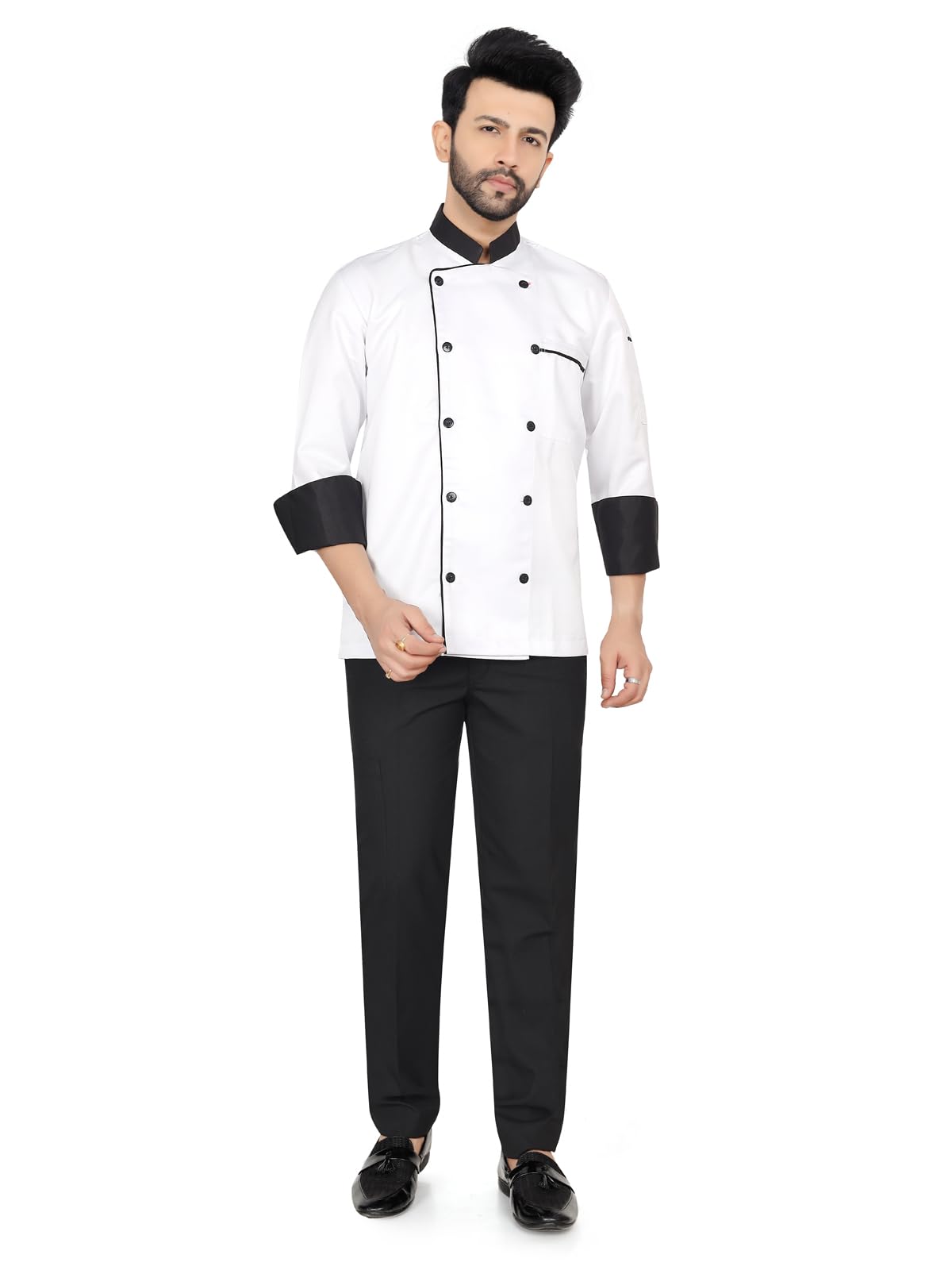 Chef Coat, White with Black Trim, Long Sleeve, Double Breasted, Professional Kitchen Uniform