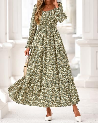 BTFBM Long Sleeve Dress for Women 2026 Spring Fall Boho Floral Square Neck Casual Flowy Long Wedding Guest Maxi Dresses(Floral Army Green, Small) - image 8