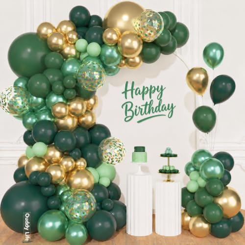 Image of Ouddy Life 157Pcs Green Gold Balloon Arch Garland Kit, Dark Green Metallic Latex Confetti Balloon Different Size for Birthday Anniversary Safari Graduation Party Decoration