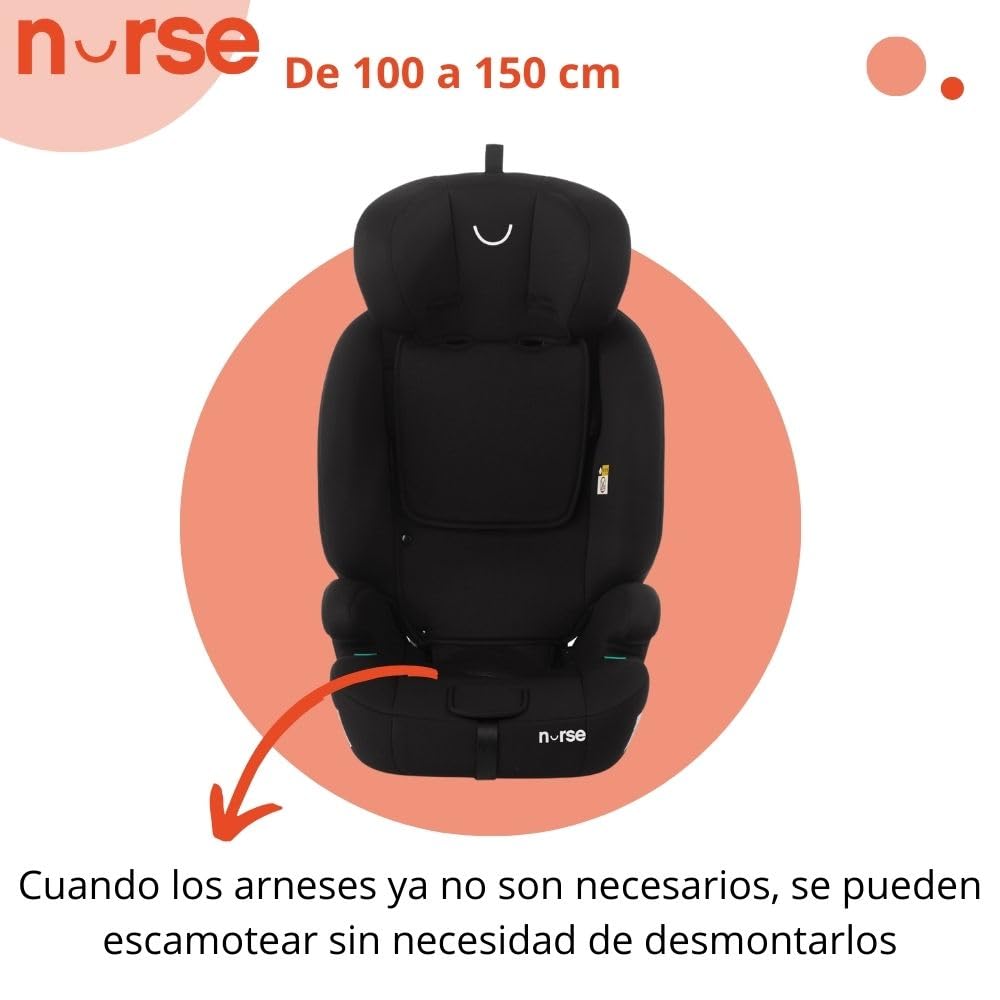 Nurse Uchwyt, fotel samochodowy iSize, 76 do 150 cm, 2-12 lat, instalacja paska, 9 pozycji, fotel samochodowy bez Isofix, czarny