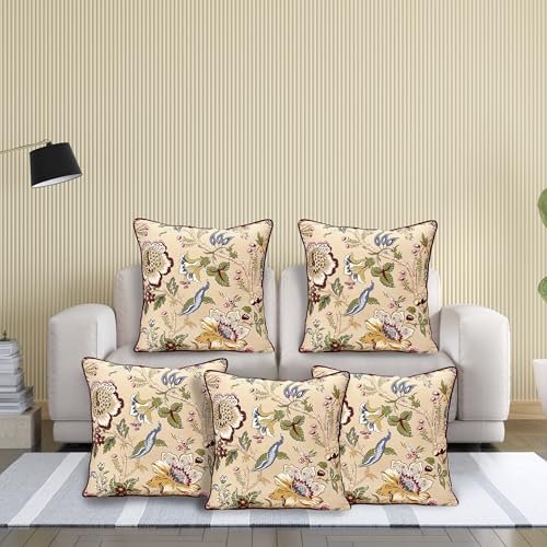 Image of Cotton Cushion Covers 16x16 Inch - Hand Block Floral Print Pillow Covers for Sofa, Couch & Bedroom (Pack of 5) (Biege)