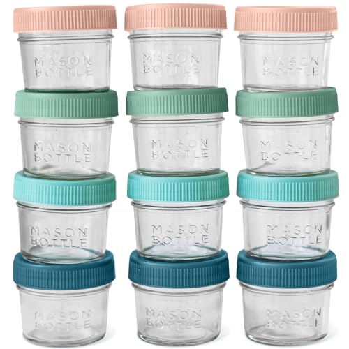 Image of Mason Bottle 4oz Breast Milk Storage Jars (12-Pack) – Reusable Glass Baby Food Containers with Lid for Baby Formula & Breastmilk – Airtight, Stackable, Freezable (Deep Ocean)