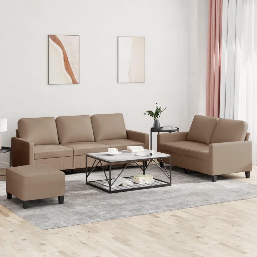 Juego de sofá de 3 piezas de 3 plazas, 2 plazas y taburete, de piel sintética, para salón, sofá moderno acolchado con estructura de metal y cojín, color marrón capuchino