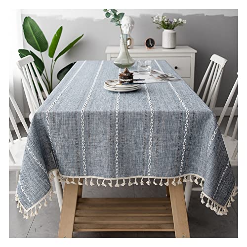 Nappe rectangle en coton lin grise 140x300cm avec pompons élégants