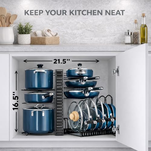 TMiT Pots and Pans Organizer Rack – Adjustable 8 Tier Pan Organizer for Cabinet, Heavy Duty Cookware Storage Rack, Pot Lid Holder, Kitchen Cabinet Organizer for Pots, Pans & Lids - Image 3