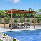 PURPLE LEAF Pergolas de Aluminio 3 x 4 Etráctil Pérgola Cenadores para Jardin Resistente al Agua y Resistente a los Rayos UV Textura de Madera, Caqui