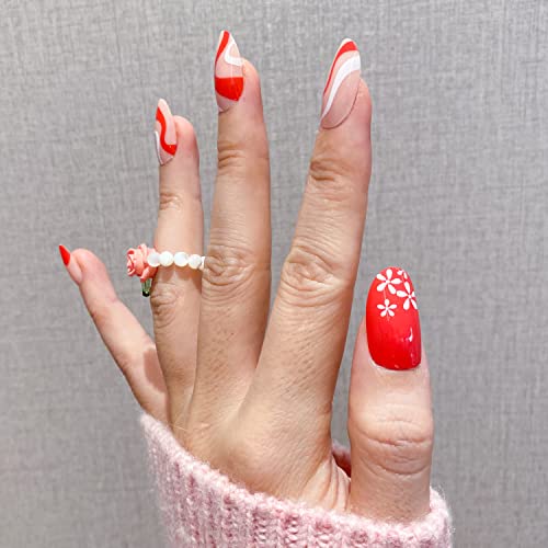 NOVO OVO Press On Fake Nails Almond Red Swril Glossy Red Floral Swirl Heart-shaped French Tip Pointed White Flower Medium Short Opaque｜24 pcs False Nails Kit with Glue Christmas New Year Fall