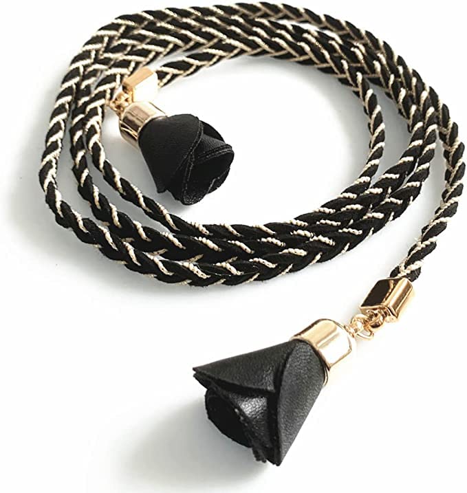 Cotton Slim Rope Tie Waist Belt for Dress Skirt Braid String Thin Belts for Women, Black-image-27