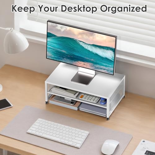Image of ECOLOVI 2-Tier Computer Monitor Stand Riser, Printer & Laptop Stand, Office Desk Accessories, Workspace Desk Organizer for Home Office Supplies, White