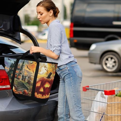 Large Insulated Tote Bag Halloween Crow Pumpkin for Grocery Shopping Reusable Tote Bags for Women Men, Cooler Bag with Zippered Top & Handles for Beach Picnic Travel4