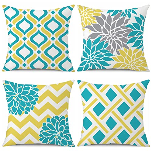 Ohok Juego de 4 fundas de almohada de 18 x 18 pulgadas, fundas de almohada decorativas con hojas geométricas de rayas amarillas para decoración del hogar, sofá, silla, cama, dormitorio, sala de estar Cover