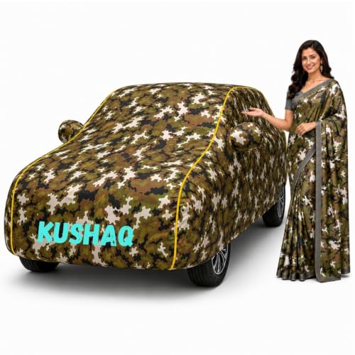 Image of Waterproof Car Body Cover for Kushaq All Weather Protection Comes with Inner Cotton Lining & Triple Stitched with Mirror & Antenna Pocket Belt & Elastic Fit Army with Yellow Piping