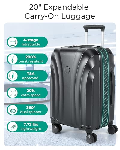 BAGSMART Carry On Luggage 22x14x9 Airline Approved with TSA Lock, Expandable Hard Shell Suitcase with Spinner Wheels, Lightweight 20 Inch Travel Rolling Carry-On Luggage, Black2
