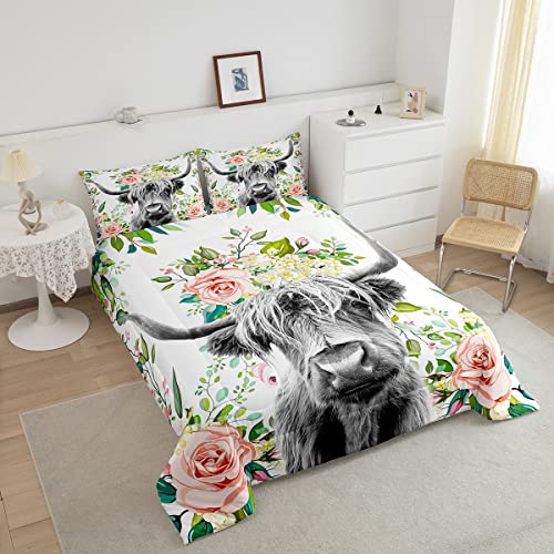 Loussiesd Highland Cow Bedding Set Kids Rose Floral Bull Cattle Duvet for Girls Teens Western Wildlife Animal Comforter Farmhouse Duvet Set Room Decor Quilt Set Single Size - Image 4