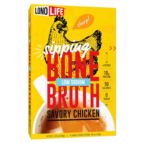 LonoLife Low Sodium Chicken Bone Broth Powder Mix | 10g Protein | Collagen-Rich, Keto & Paleo Friendly | Natural Ingredients | 4 Portable Stick Pack Servings