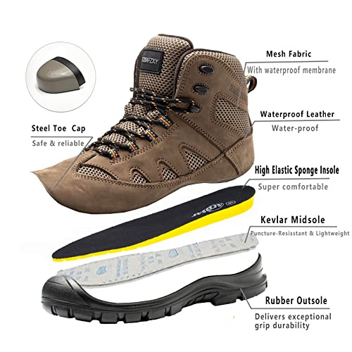 TOSAFZXY Waterproof Work Boot for Men, 6\" Steel Toe and Non-Slip Safety Boot Outdoor Men Work Boot Brown Size 9.5 - Thumbnail 4