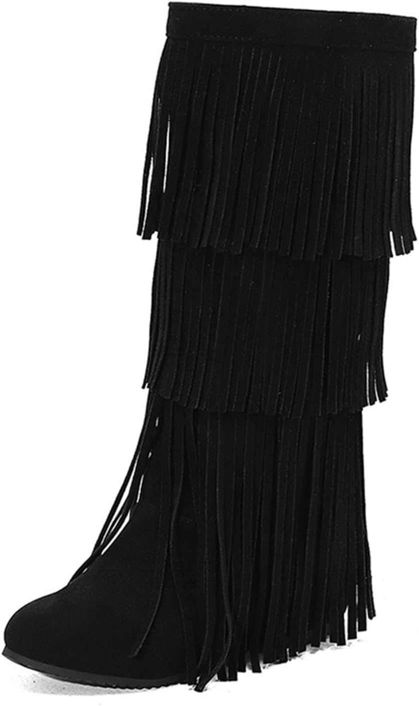 Women's Fringe Western Boots Warm Fur Lined Chunky Heel Cowboy Boots Round Toe Pull on Knee High Cowgirl Boots