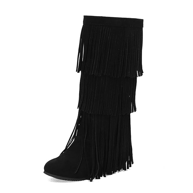 Womens Fringe Western Boots Warm Fur Lined Chunky Heel Cowboy Boots Round Toe Pull on Knee High Cowgirl