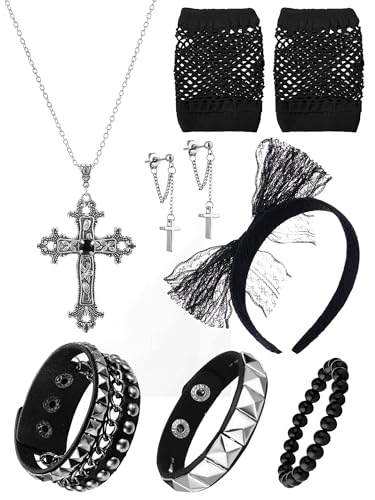 Ecation 7 Pcs 80s Women Costume Accessories Halloween Leather Punk Bracelet Black Cross Necklace Lace Headband Fishnet Glove(Fashionable Style) by Ecation - Used condition - Image 2