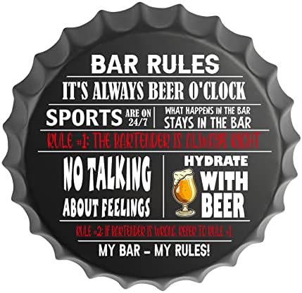 Metal Bar Signs for Home Bar Accessories - Large Round Bottle Top Cap Tin Plaque Wall Art Sign - Beer Gift Ideas for Pub Man Cave Garden Bars - BC-003 - Black - Diameter 35.5 cm