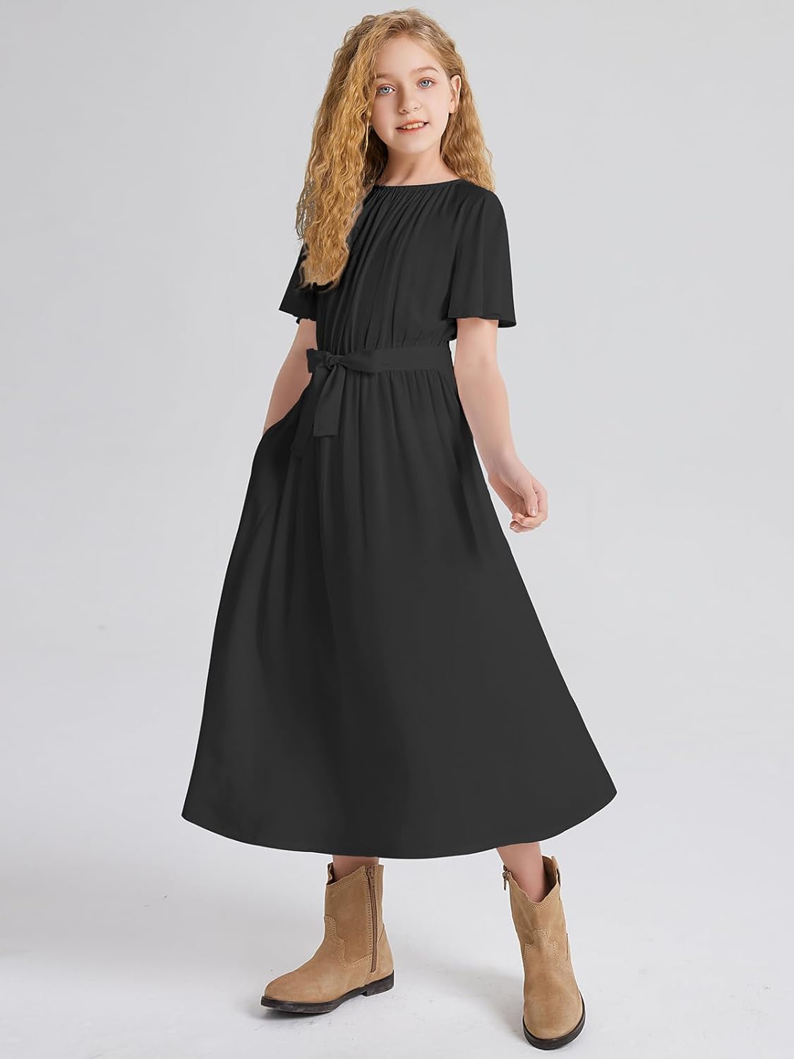 LaBeca Girls Casual Butterfly Sleeve Elastic Crew Neck Floral Printed Solid Color High Waist Midi Belted Dress with Pocket - Image 2