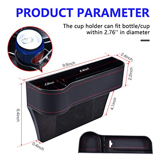 Car Seat Gap Filler Organizer 2 Packs PU Leather Front Seat Organizer with Cup Holder, Storage Box, Console Side Pocket for Cellphone, Wallet, Coins, Keys, Cups, Cards, Sunglass (Black)