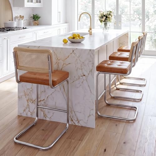 Image of Zesthouse Natural Rattan Bar Stools Set of 4, Modern Counter Height Stools with Solid Wood Back, 26'' Counter Height Chairs, Mid Century Cantilevered Bar Chairs for Kitchen Island, Faux Leather Brown