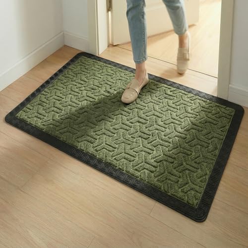 Image of Yellow Weaves Large Size (60x90 cm) Door Mat for Home Entrance, Outdoor Rubber Mat - Non-Slip, Anti Skid Foot Mat, Dirt Trapper, Heavy-Duty, Waterproof Doormat (Triangle Design, Olive Green Color)