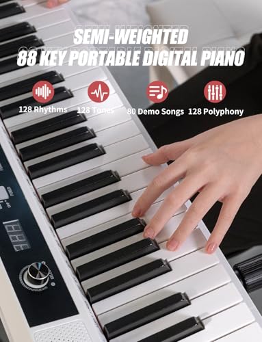 UISCOM 88 Key Semi-weighted Electronic Keyboard Piano,Full Size Digital Piano Portable Keyboard with Stand, Sustain Pedal, Power Supply,MIDI/USB/MP3 Function for Beginners at Home/Stage(White)