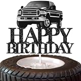Pickup Truck Cake Topper Happy Birthday Theme Black Glitter Decor Picks for Adult Birthday Party Decorations Supplies