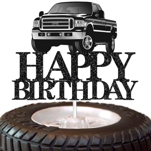 Pickup Truck Cake Topper Happy Birthday Theme Black Glitter Decor Picks for Adult Birthday Party Decorations Supplies