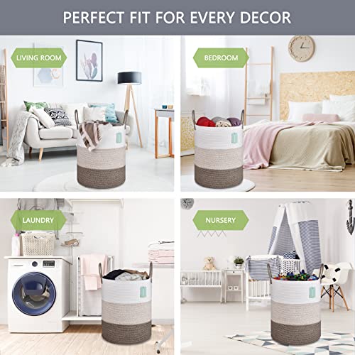 Image of Large Cotton Rope Laundry Hamper 65L, White & Gradient Brown | 16 inchx 20 inch, Tall Woven Storage Basket for Nursery, Bedroom & Living Room; Stores Clothes, Blankets, Pillows, Toys & Towels