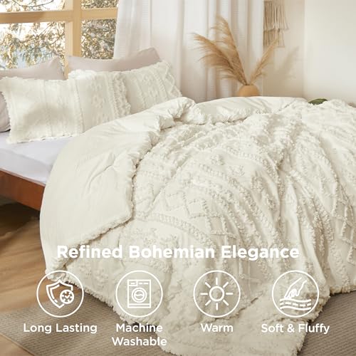 Bedsure Tufted Boho Comforter Set Full Size - Ivory Boho Bed Set, GentleSoft™ 3 Pieces Farmhouse Shabby Chic Embroidery Bedding, Gifts for Woman, Soft Jacquard Full Comforter for All Seasons