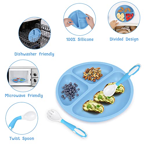 Vicloon Toddler Plates, 2 Pcs Silicone Baby Plates, Bpa Free Suction Plates With 2 Pcs Baby Bendable Spoons, Suction Plate Feature, Divided Plate Design,Toddler Plate Microwave & Dishwasher Safe #TOP3